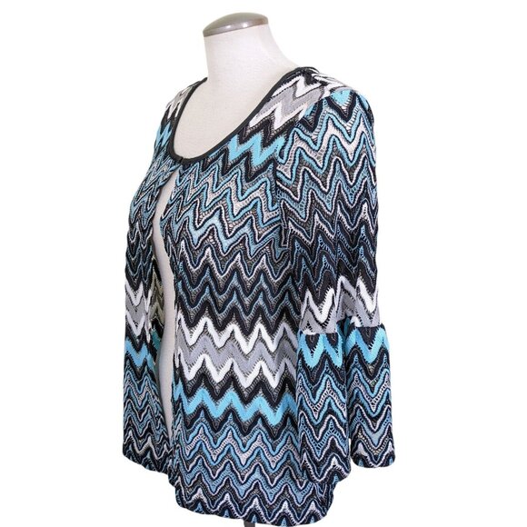 Vintage Open Front Knit Light Jacket Cardigan Womens M Blue Chevron Bell Sleeves - Picture 3 of 5